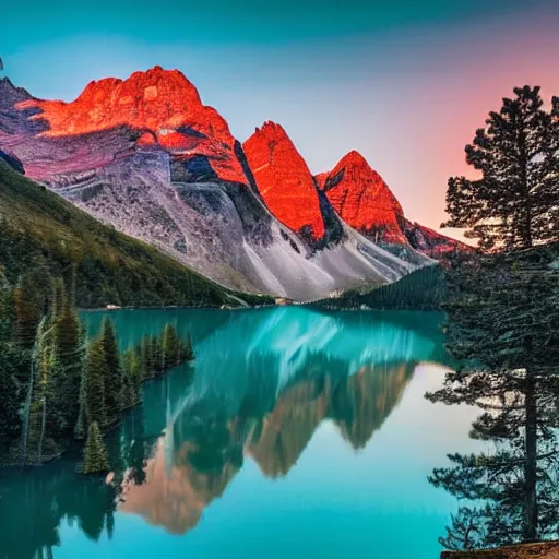 Image similar to sunset above blue lake, beautiful landscape, high detail, instagram photo, professional dslr photo,