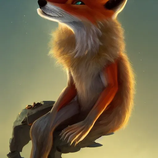Image similar to an anthropomorphic fox wearing a t-shirt and leans, sitting on a couch, 8k resolution matte fantasy painting, cinematic lighting, DeviantArt, Artstation, Jason Felix Steve Argyle Tyler Jacobson Peter Mohrbacher