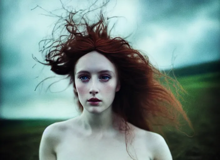 Prompt: cinestill 5 0 d photo of a pre - raphaelite beautiful woman, dreamy, hair floating in air in style of paolo roversi, 1 5 0 mm, f 1. 2, emotionally evoking, head in focus, stormy clouds outdoor, matt dreamy colour background, volumetric lighting, hyper realistic, ultra detailed