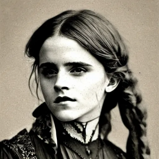 Prompt: victorian photograph of emma watson, 1 8 9 0 s photography, 1 9 0 0, realistic face, symmetrical face, studio photograph, grainy, edwardian, old photo