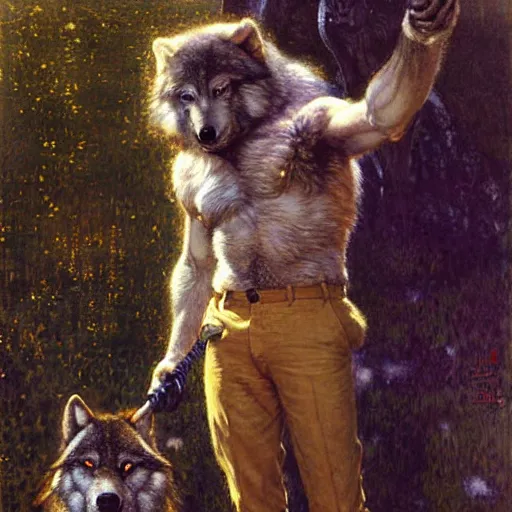 Image similar to a male boarman wolf man wearing a shirt and pants furry arms furry body walking stick new york. furaffinity furry art detailed face painting by gaston bussiere craig mullins jc leyendecker gustav klimt artgerm greg rutkowski furry