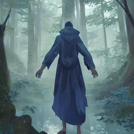 Image similar to concept art painting of an anthropomorphic humanoid white raven wearing dark blue robes, in the deep forest, realistic, detailed, cel shaded, in the style of makoto shinkai and greg rutkowski and james gurney