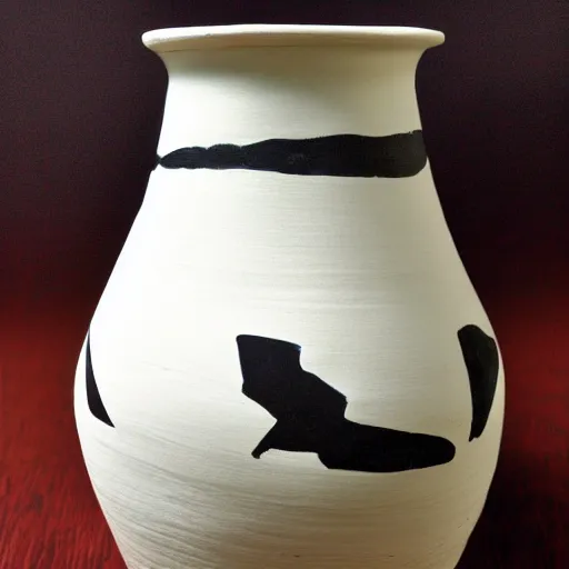 Prompt: an ancient alien ceramic vase with minimalist drawings and designs of women dancing with bats flying around their heads. old salem witch pottery.