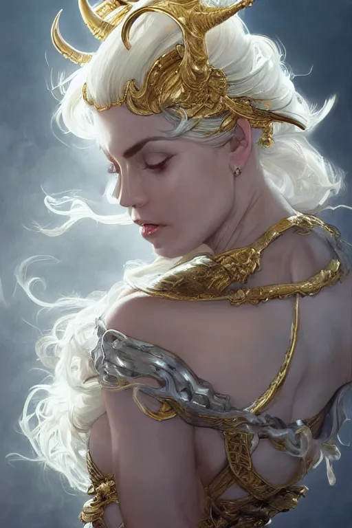 Prompt: fullbody!! beautiful woman with white hair, big natural horns on her head, gold jewellery, dynamic pose, dnd, face, fantasy, intricate, elegant, highly detailed, digital painting, artstation, concept art, smooth, sharp focus, illustration, art by artgerm and greg rutkowski and alphonse mucha