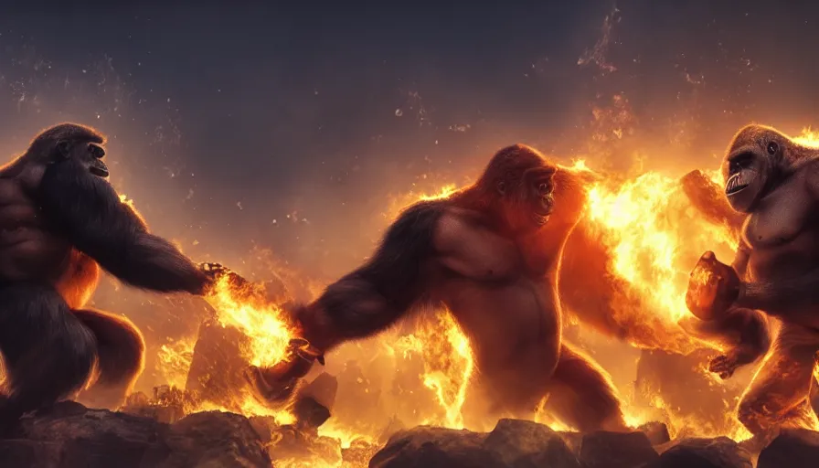 Prompt: epic concept art of hard fighting of two huge raging gorilla in burning tokyo city, cinematic composition, golden lighting, strong perspective