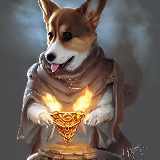 Prompt: a corgi casting a magic spell, d & d character art, hyperrealistic, extremely detailed, fantasy, digital illustration by artgerm and greg rutkowski, trending on artstation, masterpiece, award - winning, 8 k