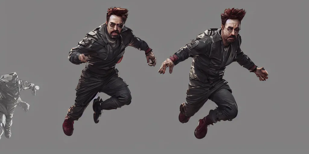 Image similar to cartoonish robert downey jr running, character sheet, fine details, concept design, contrast, kim jung gi, greg rutkowski, trending on artstation, 8 k, full body, turnaround, front view, back view, ultra wide angle