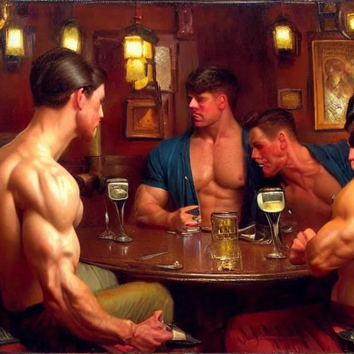 Prompt: attractive muscular mike wearing pants with dark red hair with muscular attractive tyler with brunet hair, wearing pants drinking their hearts out, in a pub. very defined and highly detailed painting by gaston bussiere, j. c. leyendecker, craig mullins 8 k