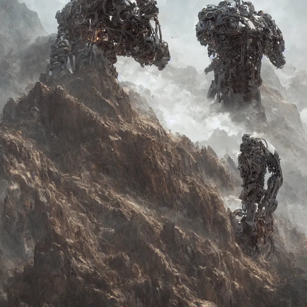 Prompt: a detailed portrait of a giant mechanical humanoid buried half way in the mountains by Greg Rutkowski, Sung Choi, Mitchell Mohrhauser, Maciej Kuciara, Johnson Ting, Maxim Verehin, Peter Konig, final fantasy, Marco lense , 8k photorealistic, cinematic lighting, HD, high details, atmospheric , trending on artstation