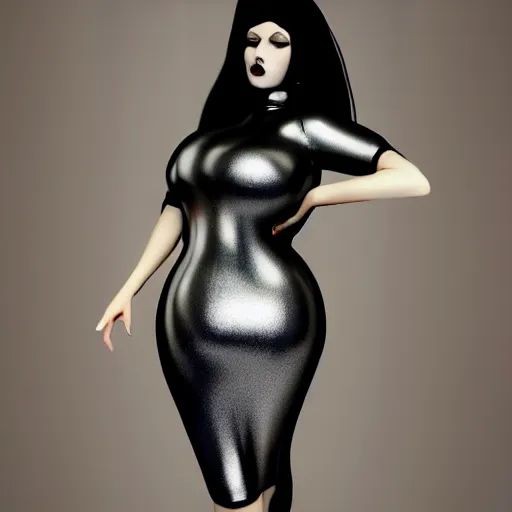 Image similar to a curvy pale hot young goth woman wearing an elegant modest tight shiny gold-silver-black striped latex high-neck dress, cgsociety, photorealistic, sublime-cool-hyperadvanced-dark-amorous ambience, 16k, smooth, sharp focus, trending on ArtStation, volumetric lighting, fully clothed, thin waist