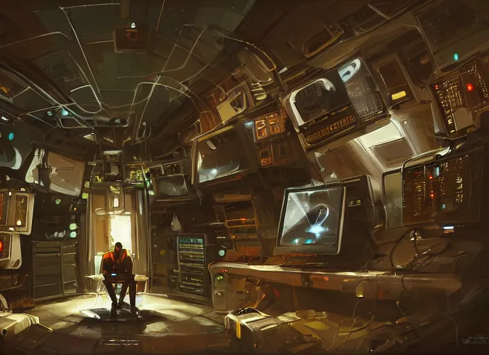 Image similar to a man sitting on a chair with things attached to his head, screens and monitors in front of him playing videos, ship interior, narrow hallway, scifi, dramatic lighting, dark, spotlight, concept art, surreal, by rutkowski, fuji choko