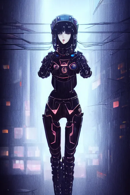 Image similar to portrait of evilly and strong stunning futuristic knights of Zodiac girl, black and copper armor, in futuristic heavily raindrop tokyo rooftop cyberpunk night, ssci-fi, fantasy, intricate, very very beautiful, elegant, neon light, highly detailed, digital painting, artstation, concept art, human anatomy, soft light, hdri, smooth, sharp focus, illustration, art by tian zi and craig mullins and WLOP and alphonse mucha