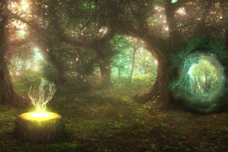 Image similar to A cosmic portal in a fantasy enchanted forest. Cinematic lighting. Photorealism.