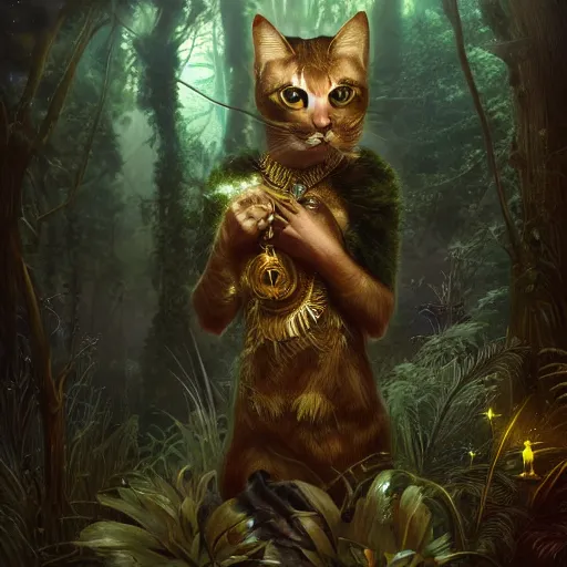 Image similar to metallic gold cat creating magic in the gnarly forest at night by tom bagshaw, mucha, karl kopinski, trending on artstation, 8k, denoised, crisp, hd