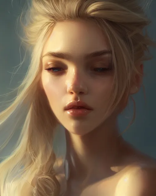 Image similar to portrait of a beautiful girl, flowy blonde hair, cinematic lighting, highly detailed, digital painting, trending on artstation, pixiv, concept art, sharp focus, illustration, art by ross tran and wlop