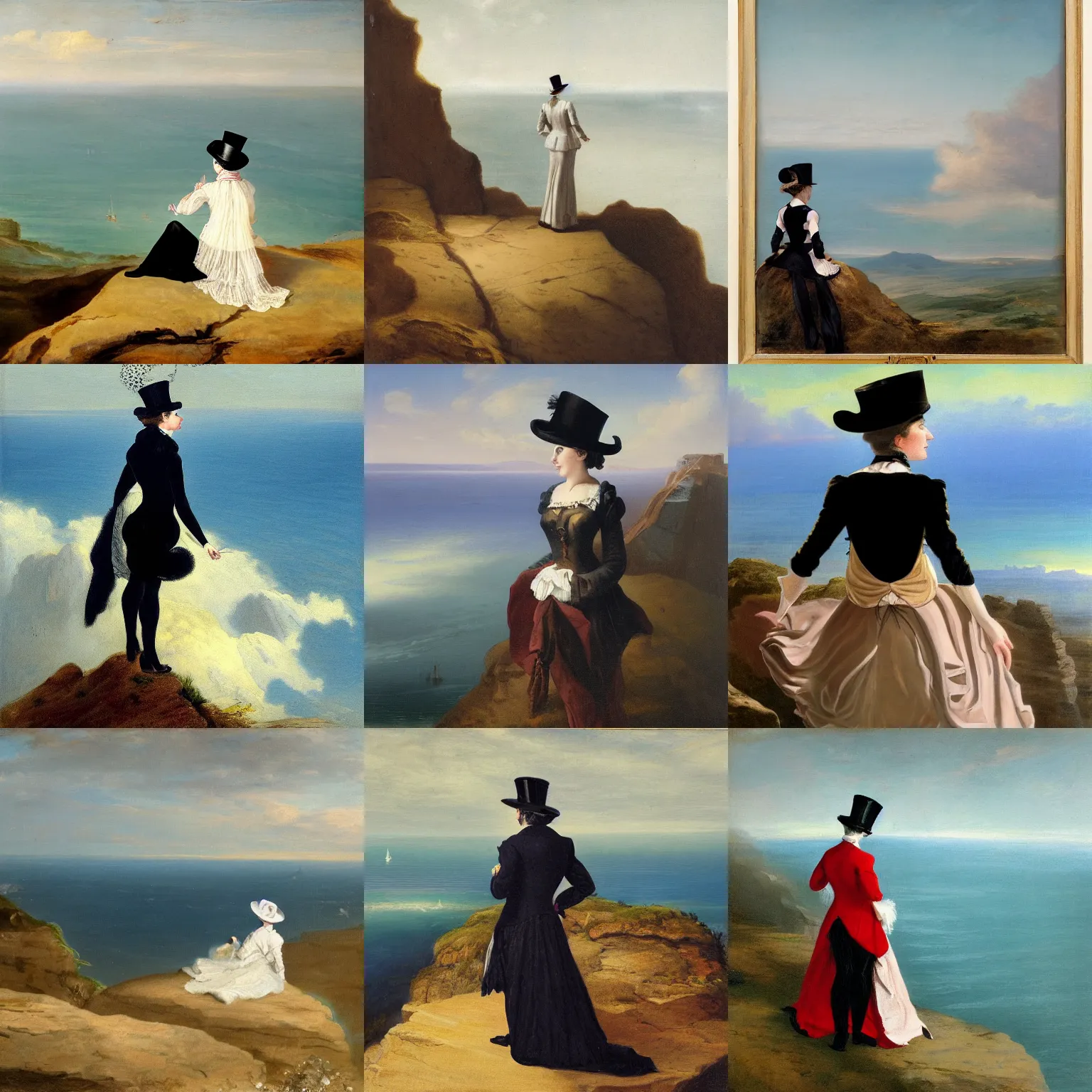 Prompt: a woman costumed in top hat and silk tailcoat looking at the horizon from the top of a cliff, atmospheric depth, painting