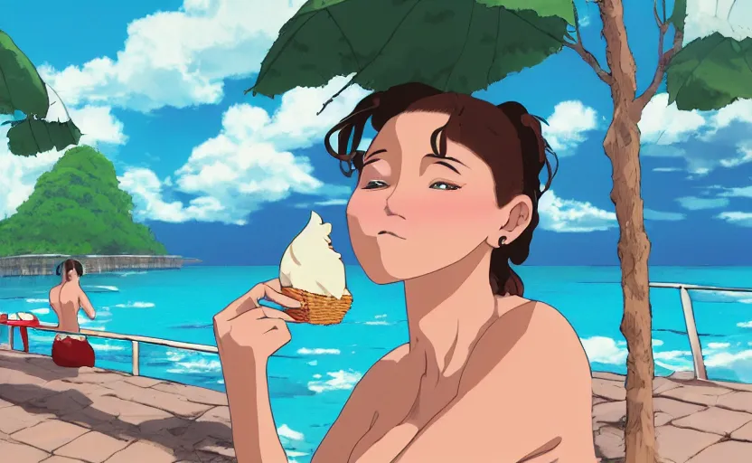 Image similar to a woman eating a vanilla ice cream cone and wearing a bikini, a Studio Ghibli style scene, digital art, 4k