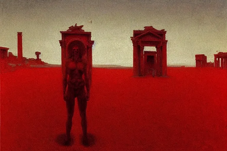 Prompt: only with red, caesar, in hoc signo vinces, rome on background, an ancient path, in the style of beksinski, part by hopper, part by rodcenko, part by hofbauer, intricate composition, red by caravaggio, insanely quality, highly detailed, masterpiece, red light, artstation