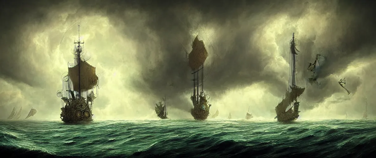 Prompt: steampunk cruising ship sailing at sunny day, giant waves, fluffy volumetric storms, nice huge insane godrays, god helping mystic soul by, gediminas pranckevicius
