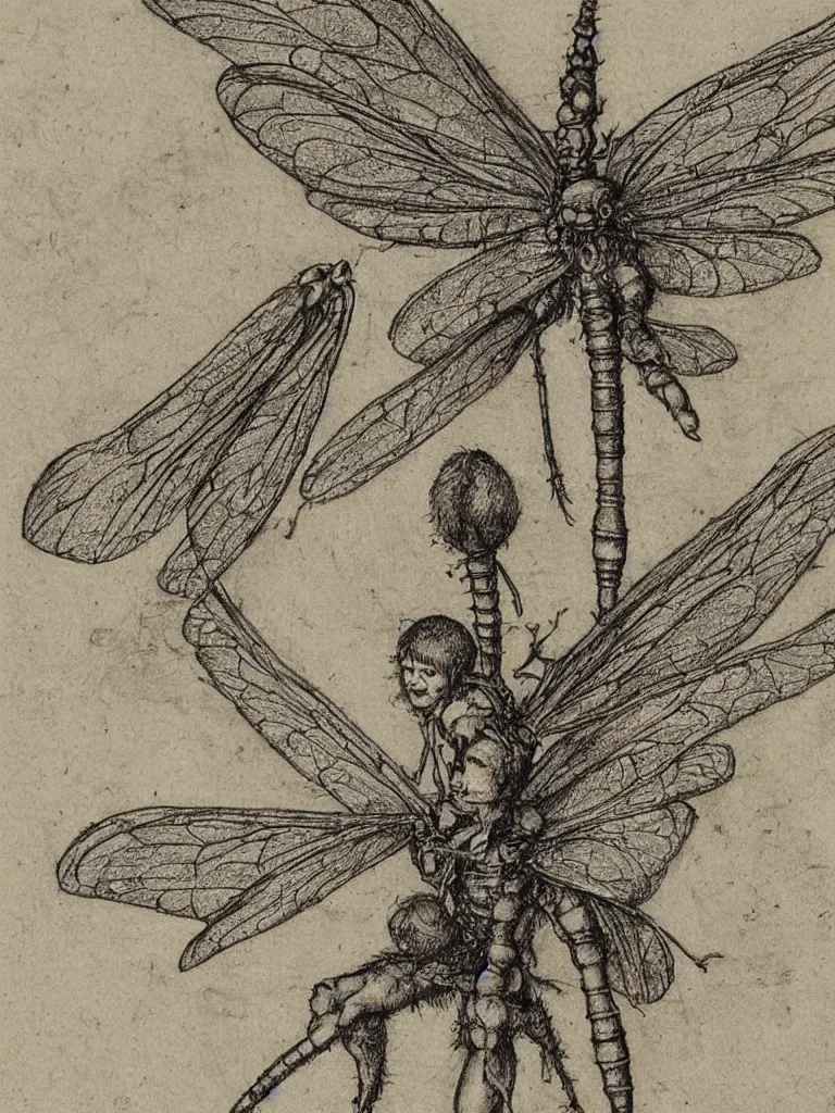 Prompt: annotated detailed sketch drawing of a fairy with dragonfly wings by albrecht durer