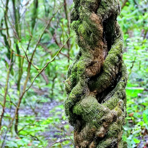 Prompt: old twisted mossy tree branch wrapped around a large blue crystal