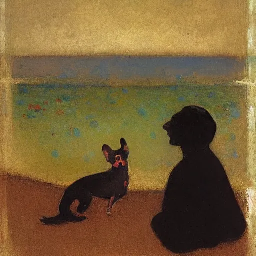 Image similar to a woman and her black and brown chihuahua looking out to sea by odilon redon