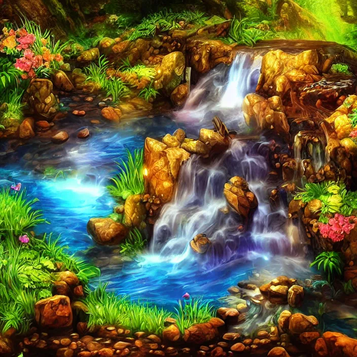 Image similar to Waterfall with treasure hidden behind the water stream, fantasy art style, glowing chest