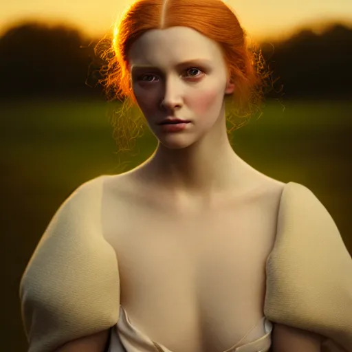 Image similar to photographic portrait of a stunningly beautiful english renaissance female in soft dreamy light at sunset, beside the river, soft focus, contemporary fashion shoot, in a denis villeneuve and tim burton movie, by edward robert hughes, annie leibovitz and steve mccurry, david lazar, jimmy nelsson, extremely detailed, breathtaking, hyperrealistic, perfect face, octane render