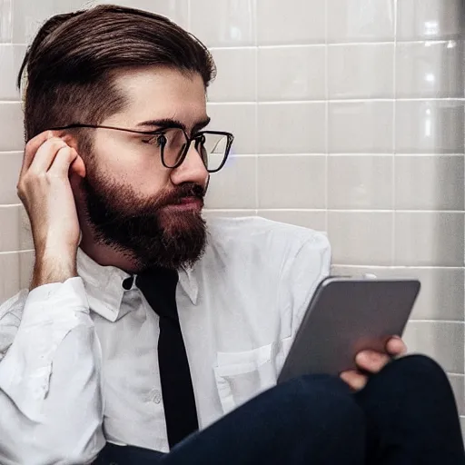 Prompt: a thoughtful wealthy young man sitting on top of the toilet drinking coffee and scrolling tiktok on his iphone, distant thoughtful look