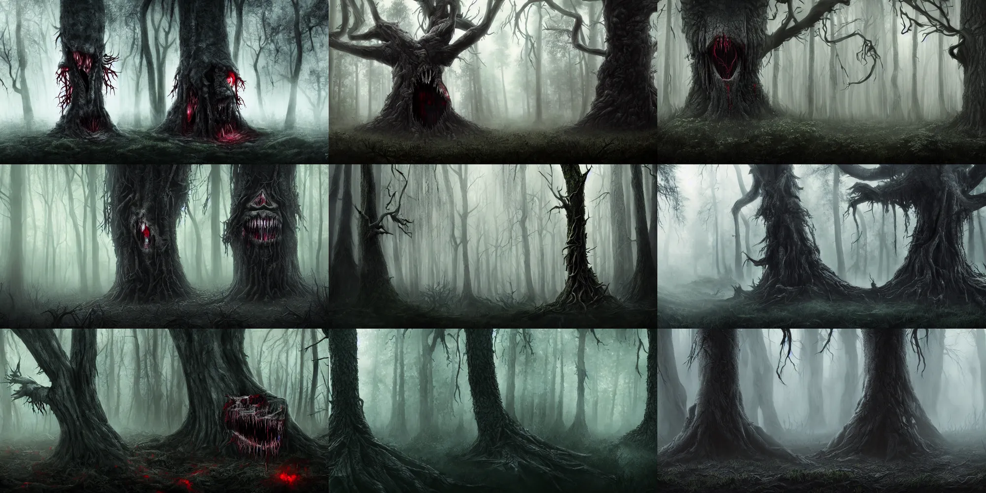 Image similar to dark forest shrouded in mist, a tree with bloody fanged mouth gaping open fangs visible, mouth agape on tree trunk with fangs, forbearing, oppressive, epic composition, digital art, concept art, 4 k, highly detailed