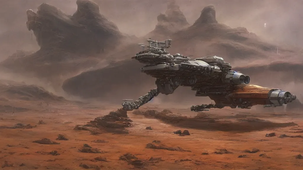 Image similar to small organic dropship lander by john schoenherr and jim burns, epic cinematic matte painting