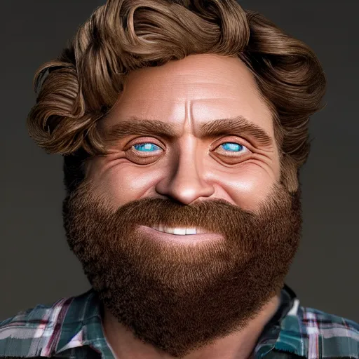 Image similar to hyperrealistic zach galifianakis smiling while hung by the neck noose, stunning 3 d render inspired by istvan sandorfi & greg rutkowski & mike judge, perfect symmetry, dim volumetric cinematic lighting, 8 k octane comprehensive render, extremely mega hyper - detailed and lifelike attributes & atmosphere, intricate, realistic flesh texture, masterpiece, artstation, stunning,