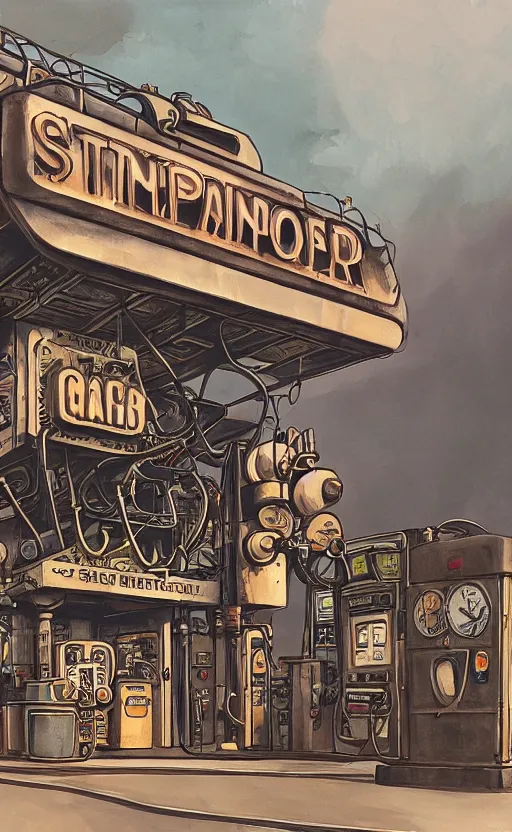 Image similar to steampunk gas station, closeup, gouache, sci - fi, cinematic