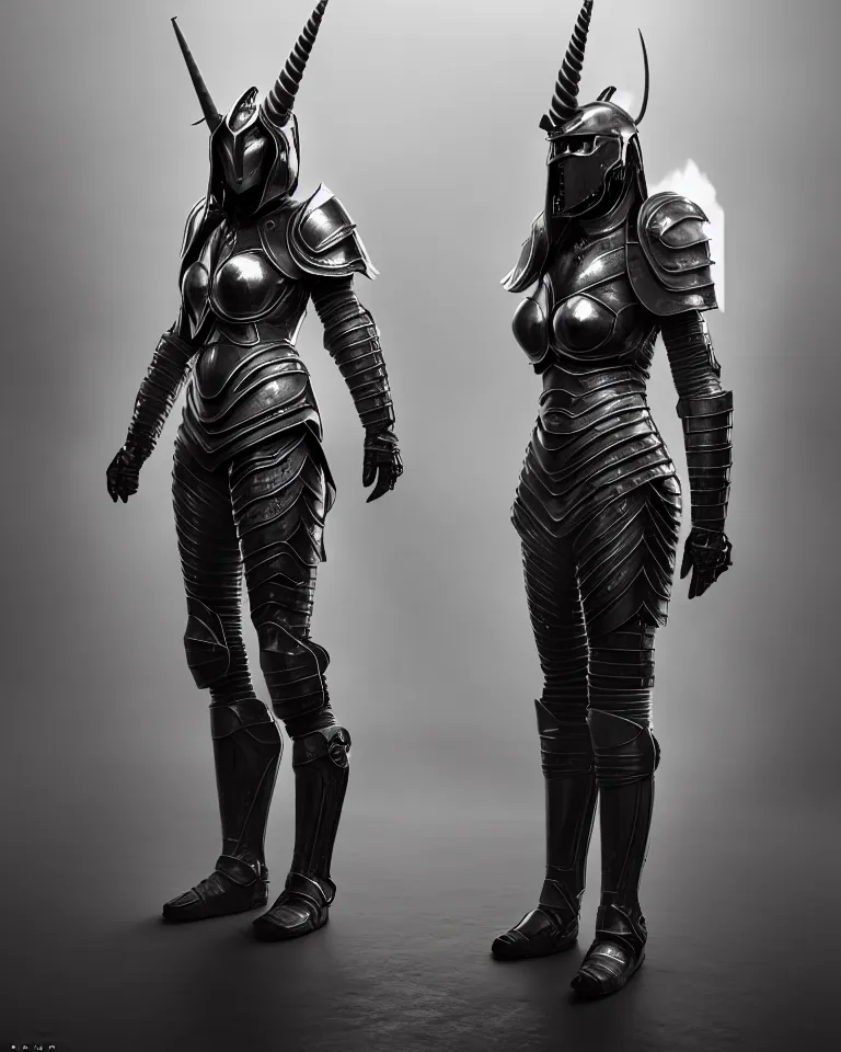 Image similar to epic portrait of female alien unicorn in plate armour by cleavanger and elvgren epic awesome symmetrical octane vfx maya render realistic