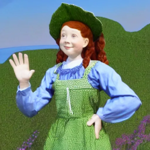 Prompt: A 3D rendering of anne of green gables waving goodbye from the show anne with an e