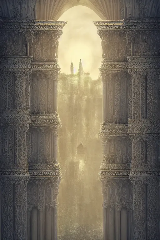 Image similar to ancient silver tower of the moon, distance view, fairytale illustration, elaborate carved latticed balconies, tall windows, moorish architecture, formal gardens, dramatic cinematic lighting, soft colors, golden age illustrator, unreal engine