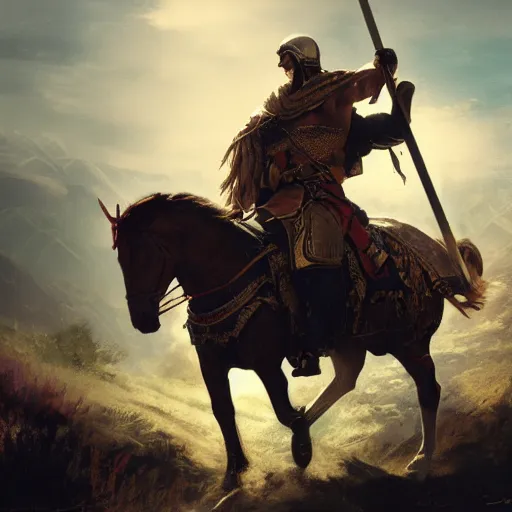 Image similar to gladiator mounted on horseback and carrying the flag of the cross of saint andrew on top of a hill, key art by craig mullins, bloom, dramatic lighting, cinematic, high details