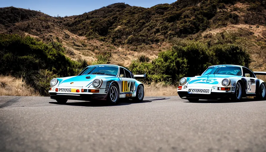 Image similar to photograph, PORSCHE RSR, IROC, by Pete Biro, Peter Singhof, press release, cinematic, malibu canyon, 8k, depth of field, bokeh. rule of thirds,