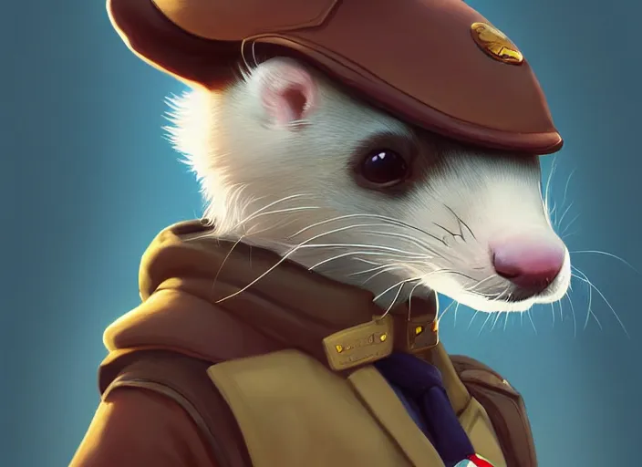 Image similar to character portrait feature of the anthro male anthropomorphic ferret fursona wearing airline pilot outfit uniform professional pilot character design stylized by charlie bowater, ross tran, artgerm, and makoto shinkai, detailed, soft lighting, rendered in octane