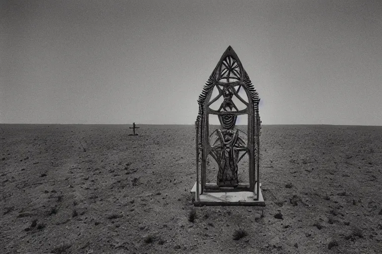 Image similar to pagan cyberpunk occult scifi weird strange convoluted sacred geometry altar monument statue in the middle of the desert, abandoned, mysterious, paranoid atmosphere, minimalistic, painting by beksinski, dali, bosch, escher, carrington, barlowe, moebius, frazetta