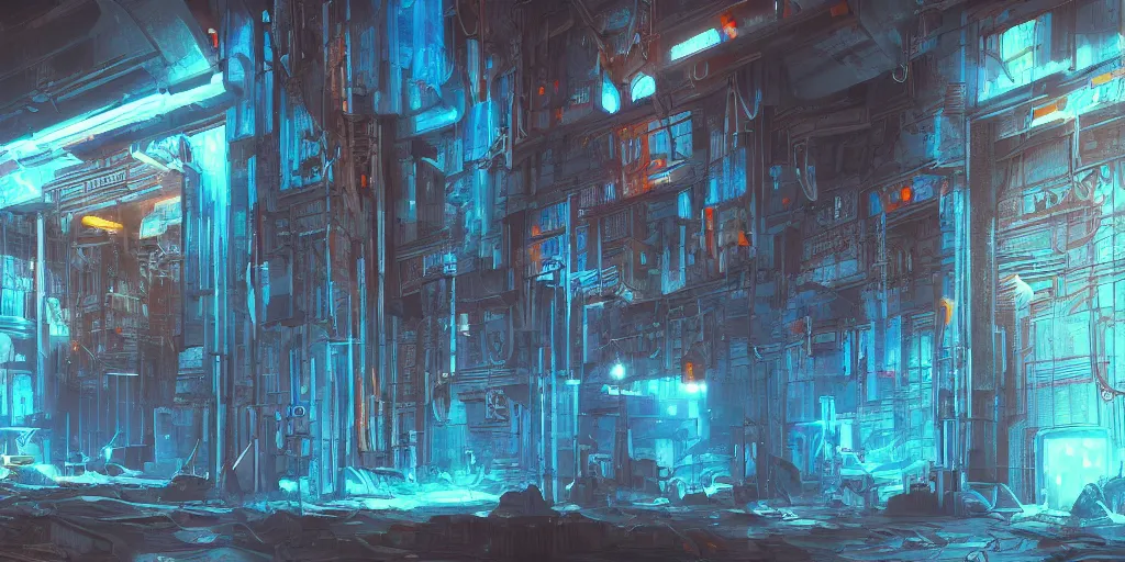 Image similar to cyberpunk dungeon, ancient caves, blue and orange neon lines along the wall, bluestone walls, trending on artstation, ancient ruines, transitional design