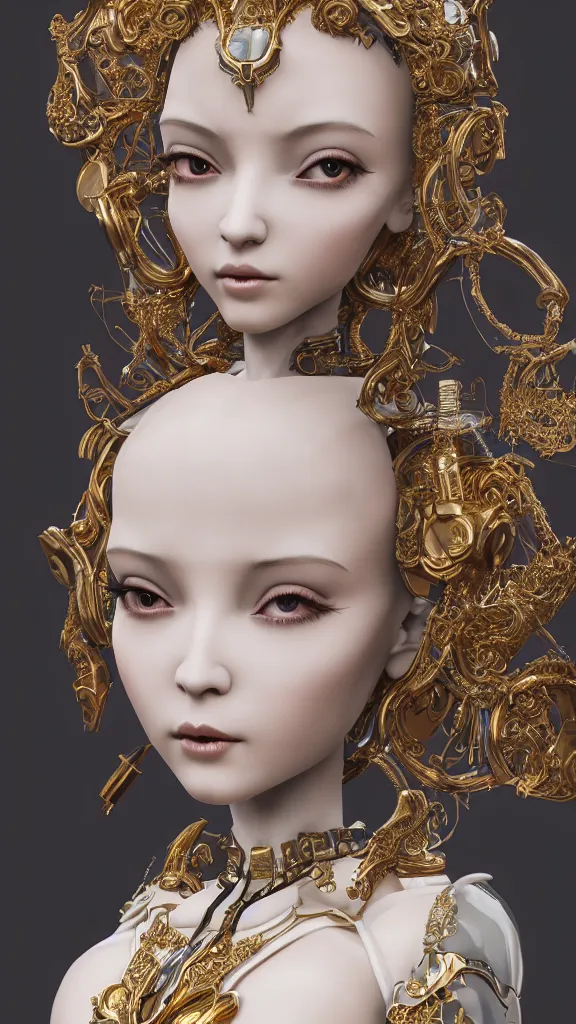 Image similar to ornate porcelain android woman doll, platinum jewellery, intricate gold trimmings, elegant, highly detailed, artstation, concept art, sharp focus, illustration, 3d total, unreal engine, vfx, octane render