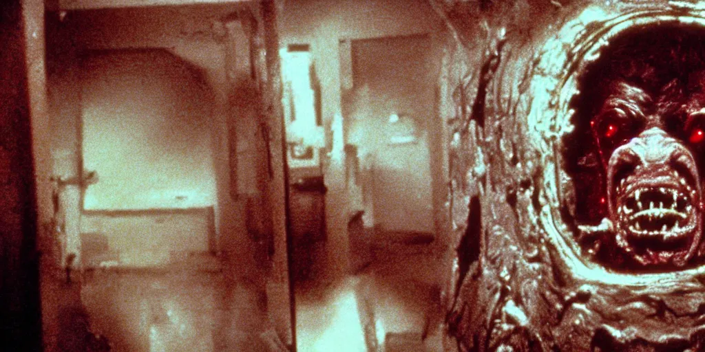 Prompt: filmic extreme wide shot movie still 4k UHD interior 35mm film color photograph of a a detached snarling distorted deformed human head protruding out of a mutated abstract shape shifting organism made of human internal organs, in the style of a horror film The Thing 1982