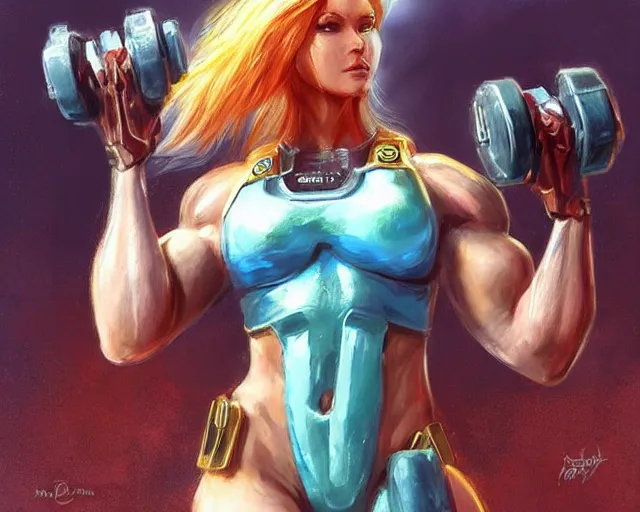 Prompt: portrait of samus aran as a very attractive happy female bodybuilder cyborg, elegant, fantasy, hd shot, digital portrait, beautiful, artstation, comic style, by artgerm, guy denning, jakub rozalski, magali villeneuve and charlie bowater