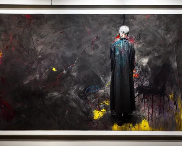 Image similar to dark smoky figure standing in gallery of art, a brutalist designed, rich deep vivid colours, broad brush strokes!, painted by francis bacon, michal mraz, adrian ghenie, nicola samori, james jean!!! and petra cortright, part by gerhard richter, part by takato yamamoto. 8 k masterpiece.