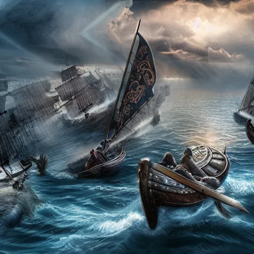 Image similar to An Epic viking sea battle, realistic 4k octane beautifully detailed render, 4k post-processing, highly detailed, intricate complexity, epic composition, magical atmosphere, cinematic lighting, masterpiece, ultra hd