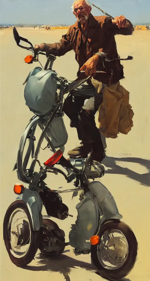 Image similar to greg manchess portrait painting of old man on moped motorbike, medium shot, asymmetrical, profile picture, organic painting, sunny day, matte painting, bold shapes, hard edges, street art, trending on artstation, by huang guangjian and ail elvgren and sachin teng