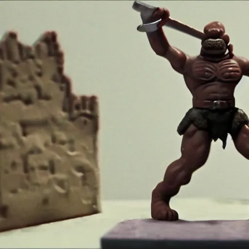 Image similar to A ancient moleman warrior defends his city. In claymation.