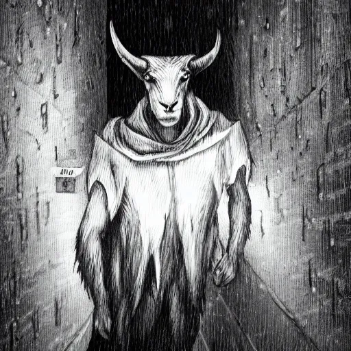 Image similar to A demonic goat man wearing a hood leaning on a wall in a dark alleyway during a rainstorm