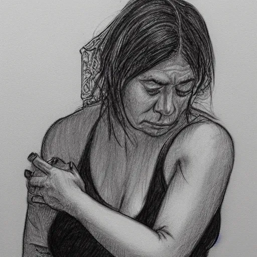 Prompt: black and white pencil sketch of a woman bending and crying into her arms in a bathroom